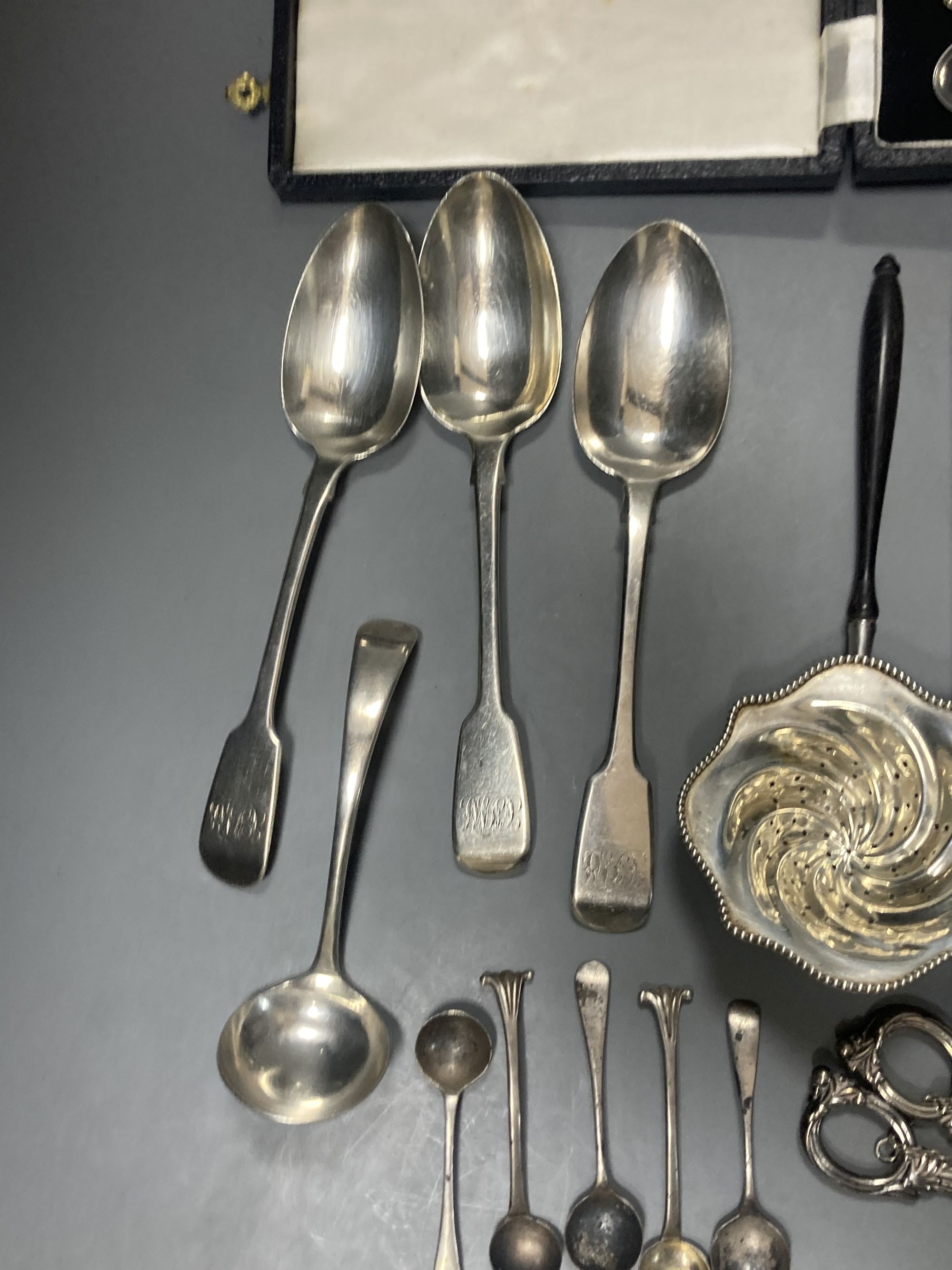 A cased set of six 1950s silver teaspoons, one other incomplete silver set and other flatware.